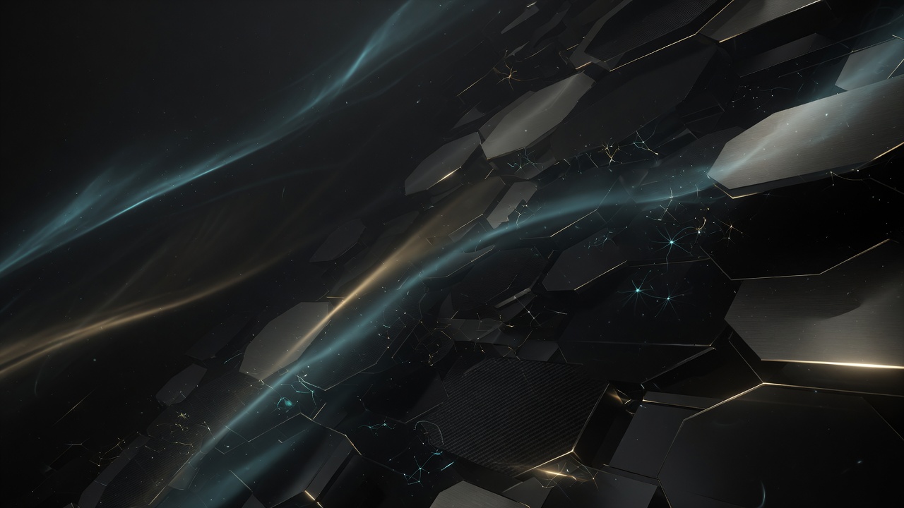 Abstract dark cyan and gold light trails representing AI systems
